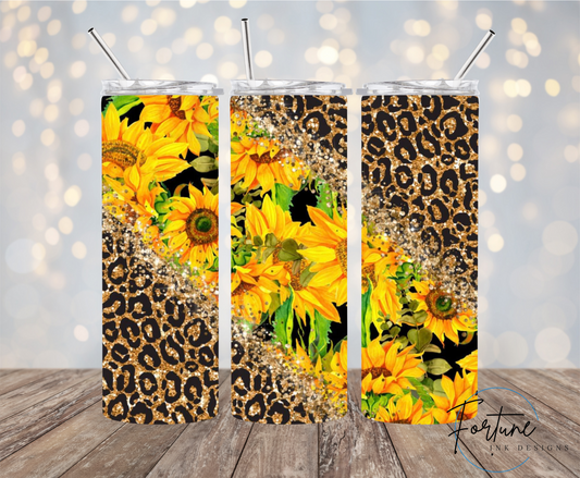 Sunflowers with Gold Glitter Cheetah Print 20oz Tumbler